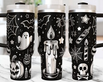 May include: Three black stainless steel tumblers with a Halloween theme. The tumblers feature a silver design of ghosts, bats, spiders, candles, pumpkins, and other Halloween imagery.