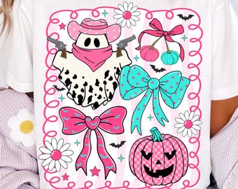 Preppy Pink Cowboy Ghost Png, Coquette Western Halloween Shirt Design, Girly Pink Pumpkin Bow Png Floral Spooky Season Png Howdy Cowgirl Png