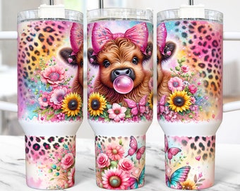 Baby Highland Cow Tumbler Wrap, 40 oz Quencher Tumbler PNG Highland Cow Sublimation Design, Highland Cow Sunflowers Tumbler Wrap