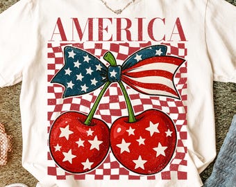 Cherry America Coquette Png, 4th of July Png, Patriotic png, Retro America Checkered Png, Girly USA png, Memorial Day PNG, Independence Day