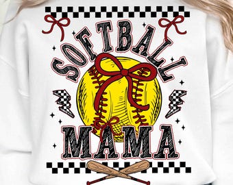 May include: White sweatshirt with a softball graphic. The design features a yellow softball with red stitching and a red bow, the words "SOFTBALL MAMA" in black and red, and crossed baseball bats.