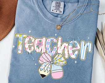 Teacher Bow Pencil png, Back to School png, Floral Coquette Teacher Png, Retro Teacher png, Teacher Appreciation PNG, Girly Teacher png