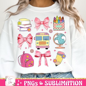 May include: A set of 10 colorful school-themed illustrations, including a school bus, a globe, a pencil, a backpack, books, crayons, and bows. The illustrations are in a cartoon style and are perfect for use in school-related projects.