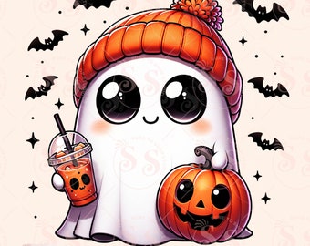May include: A cute cartoon ghost wearing an orange knit hat and holding a pumpkin and a cup of orange beverage. The ghost has large eyes and a friendly smile. There are bats and stars in the background.