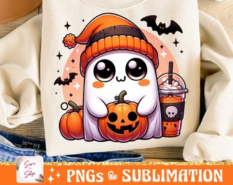 Cute Ghost png, Halloween png, Coffee png, Bougie png, Bougie Ghost, Shirt Sublimation Design, Pumpkin Png, Sticker png, dtf, png Download