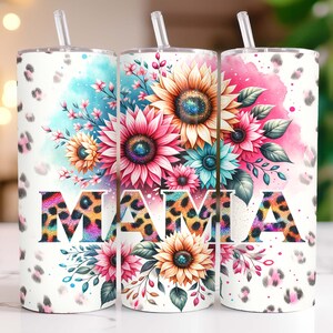 Sunflowers Mama Tumbler Wrap 20 oz Skinny Tumbler PNG Mom Life Glitter Leopard Flowers Sublimation Design Seamless Mother&#39;s Day Tumbler Wrap