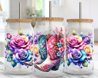 Cowgirl Boots Glass Can Wrap 16oz Glass Can PNG Sublimation Design Floral Country Western Cowgirl Cup Wrap, Digital Download