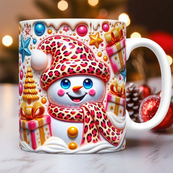 3D Snowman Mug Wrap Christmas Mug Wrap Inflated Sublimation Design 3D Puffy Snowman Mug PNG Press Design 15oz and 11oz Coffee Cup Template