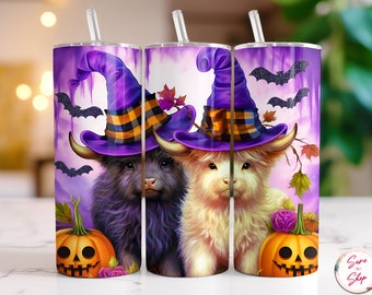 2 Baby Highland Cows Witch Halloween Tumbler Wrap, 20 oz Skinny Tumbler Sublimation Designs Straight & Tapered Tumbler PNG, Téléchargement numérique