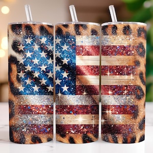 Leopard American Flag Tumbler Wrap, 20 oz Skinny Tumbler Sublimation Design, Patriotic Tumbler Template, USA Flag Tumbler PNG