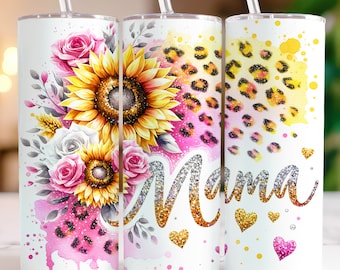 Sunflowers Mama Tumbler Wrap 20 oz Skinny Tumbler PNG Mom Sublimation Design Mama Glitter Leopard Mothers Day Tumbler Wrap, Digital Download