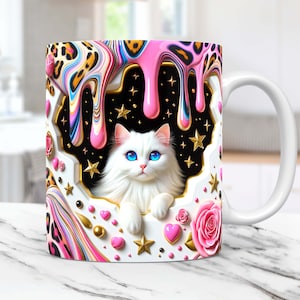3D Cat Hole In A Wall Mug Wrap Kitten Mug Wrap PNG Sublimation Design 11oz and 15oz Coffee Cup Template 3D Cute Cat Mug Press Design