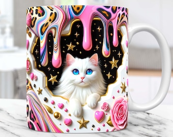 3D Cat Hole In A Wall Mug Wrap Kitten Mug Wrap PNG Sublimation Design 11oz and 15oz Coffee Cup Template 3D Cute Cat Mug Press Design