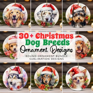 Dog Breeds Christmas Ornament Bundle PNG Sublimation Designs, Watercolor Christmas Round Ornament png Template, Digital Download