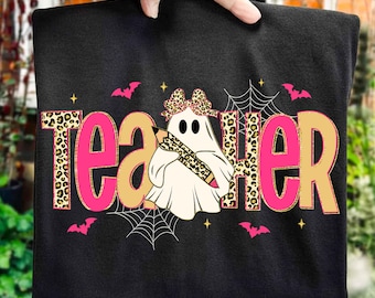 Griezelige leraar Halloween png, para-adviseur Halloweenshirt png, roze luipaard spookleraar png, leraar potloodstrik, Trick or Teach png