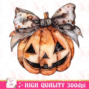 May include: A watercolor illustration of a jack-o'-lantern pumpkin with a brown and white polka dot bow. The pumpkin has a carved face with a wide smile and triangular eyes.