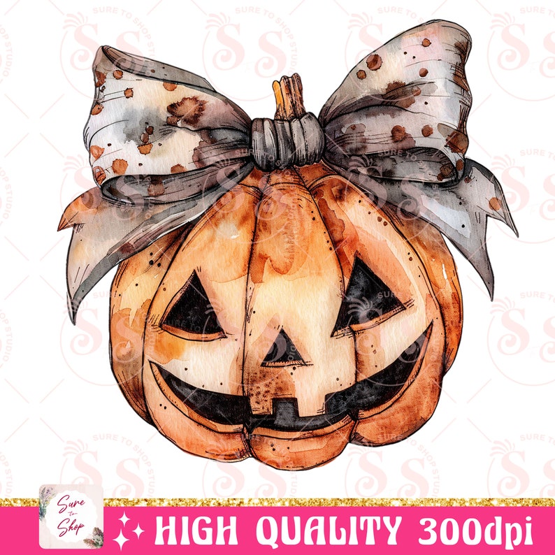 May include: A watercolor illustration of a jack-o'-lantern pumpkin with a brown and white polka dot bow. The pumpkin has a carved face with a wide smile and triangular eyes.