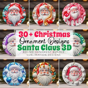 30 graziosi ornamenti natalizi 3D in formato PNG con design a sublimazione, modello PNG di ornamenti natalizi rotondi di Babbo Natale 3D, download digitale