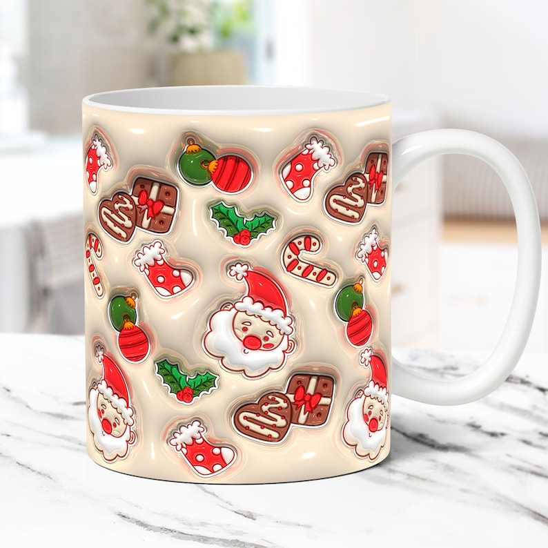 May include: White ceramic mug with a Christmas theme. The mug features a cream background with a repeating pattern of Santa Claus, candy canes, holly, ornaments, and stockings. The design is in a cartoon style with a 3D effect.