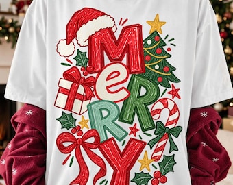 Trendy Merry PNG, Preppy Christmas Png, Hand Drawn Xmas png, , Holiday Png, Girly Christmas Shirt Design, Retro Coquette Christmas Tree Png