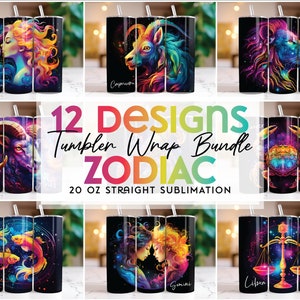 Zestaw do pakowania kubków Zodiac Tumbler 20 oz Skinny Tumbler Sublimacja Designs Straight Tumbler PNG, Rainbow Star Sign Galaxy, Natychmiastowe pobieranie cyfrowe