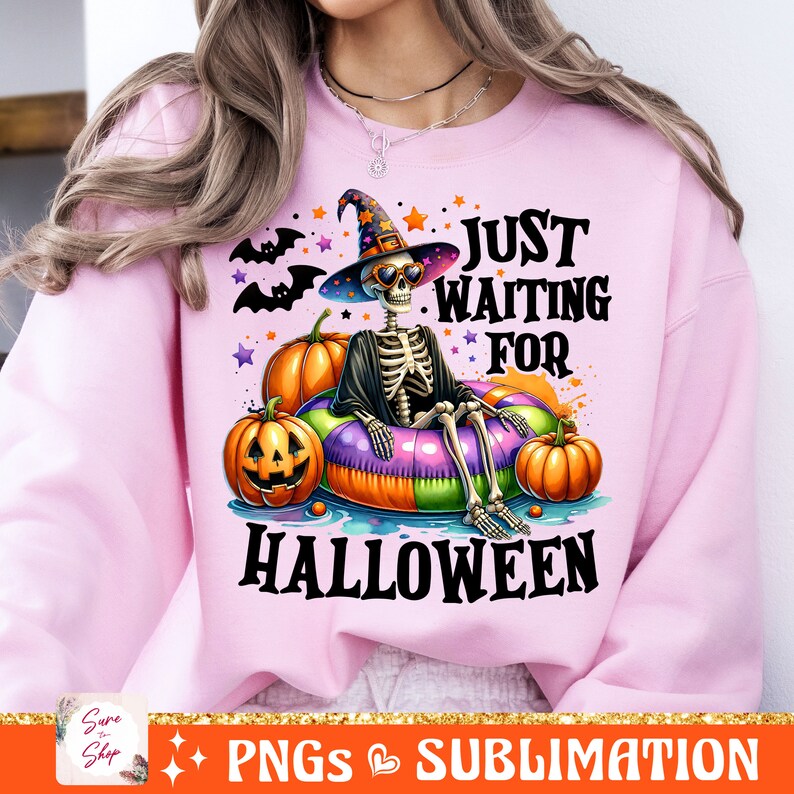 Just Waiting for Halloween PNG, Funny Halloween Png, Spooky Summer Halloween Sublimation Designs, Cute Clipart, Skeleton DTF Shirt Design image 5