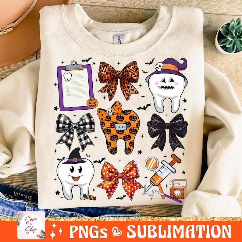 May include: A white sweatshirt with a Halloween-themed design featuring a tooth with a witch's hat, a clipboard with a tooth icon, and various bows in black and white checkered, leopard print, and orange and black polka dot patterns.
