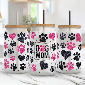 Dog Mom Libbey Glass Wrap, Dog 16 Oz Glass Can Wrap PNG, Dog Lover Glass Tumbler Wrap, Glass Can Sublimation Wrap Design image 1