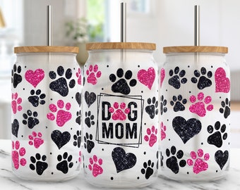 Envoltura de vidrio Libbey para mamá perrita, envoltura de vidrio para lata de 16 oz para perro PNG, envoltura de vaso de vidrio para amantes de los perros, diseño de envoltura de sublimación de lata de vidrio