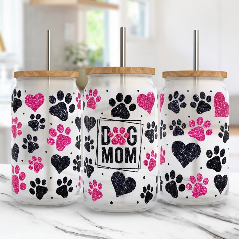 Dog Mom Libbey Glass Wrap, Dog 16 Oz Glass Can Wrap PNG, Dog Lover Glass Tumbler Wrap, Glass Can Sublimation Wrap Design image 1