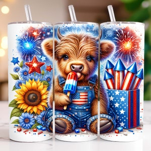 4th of July Highland Cow Tumbler Wrap 20 oz Skinny Patriotic Tumbler Sublimation Design, Highland Cow Tumbler Wrap, 4th of July Tumbler Wrap