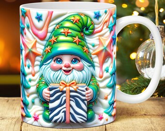 3D Gnome Mug Wrap Christmas Gnome Mug Wrap Sublimation Design 3D Inflated Gnome Mug PNG Puffy Press Design 15oz and 11oz Coffee Cup Template