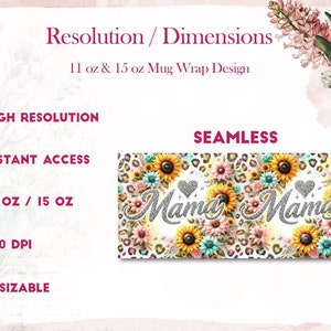 May include: A digital design for a mug wrap featuring a seamless pattern of sunflowers, leopard print, and the text "Mama" in silver glitter. The design is high resolution, 300 DPI, and resizable for 11 oz and 15 oz mugs.