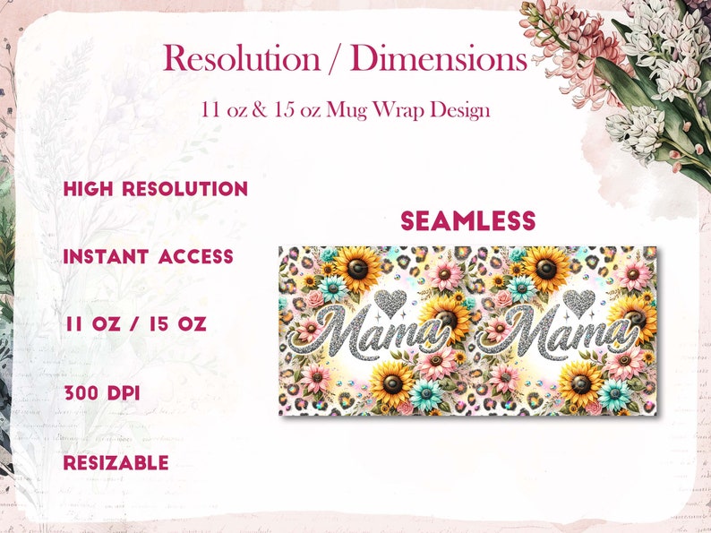 May include: A digital design for a mug wrap featuring a seamless pattern of sunflowers, leopard print, and the text "Mama" in silver glitter. The design is high resolution, 300 DPI, and resizable for 11 oz and 15 oz mugs.