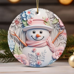 3D Snowman Christmas Ornament Sublimation Designs Floral Christmas Round Ornament PNG, Digital Download