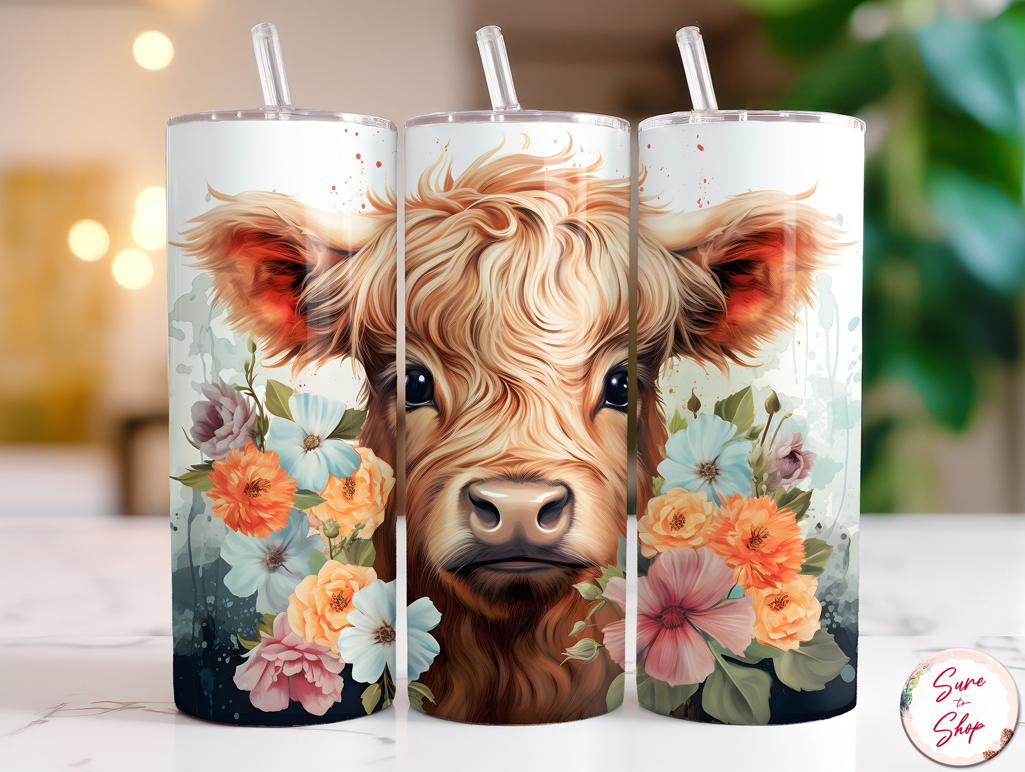Baby Highland Cow Tumbler Wrap Floral 20 Oz Skinny Tumbler