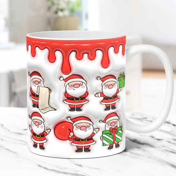 3D Santa Mug Wrap Christmas Santa Mug Wrap Sublimation Design PNG, 3D Inflated Puffy Santa Claus Mug Wrap, 11oz 15oz 3D Puff Santa Mug Wrap