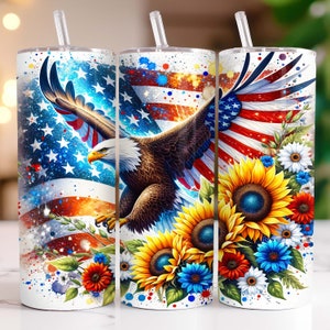 Diseño de sublimación de vaso delgado de 20 oz con bandera de águila estadounidense del 4 de julio PNG, envoltura de vaso patriótica, vaso de águila floral PNG