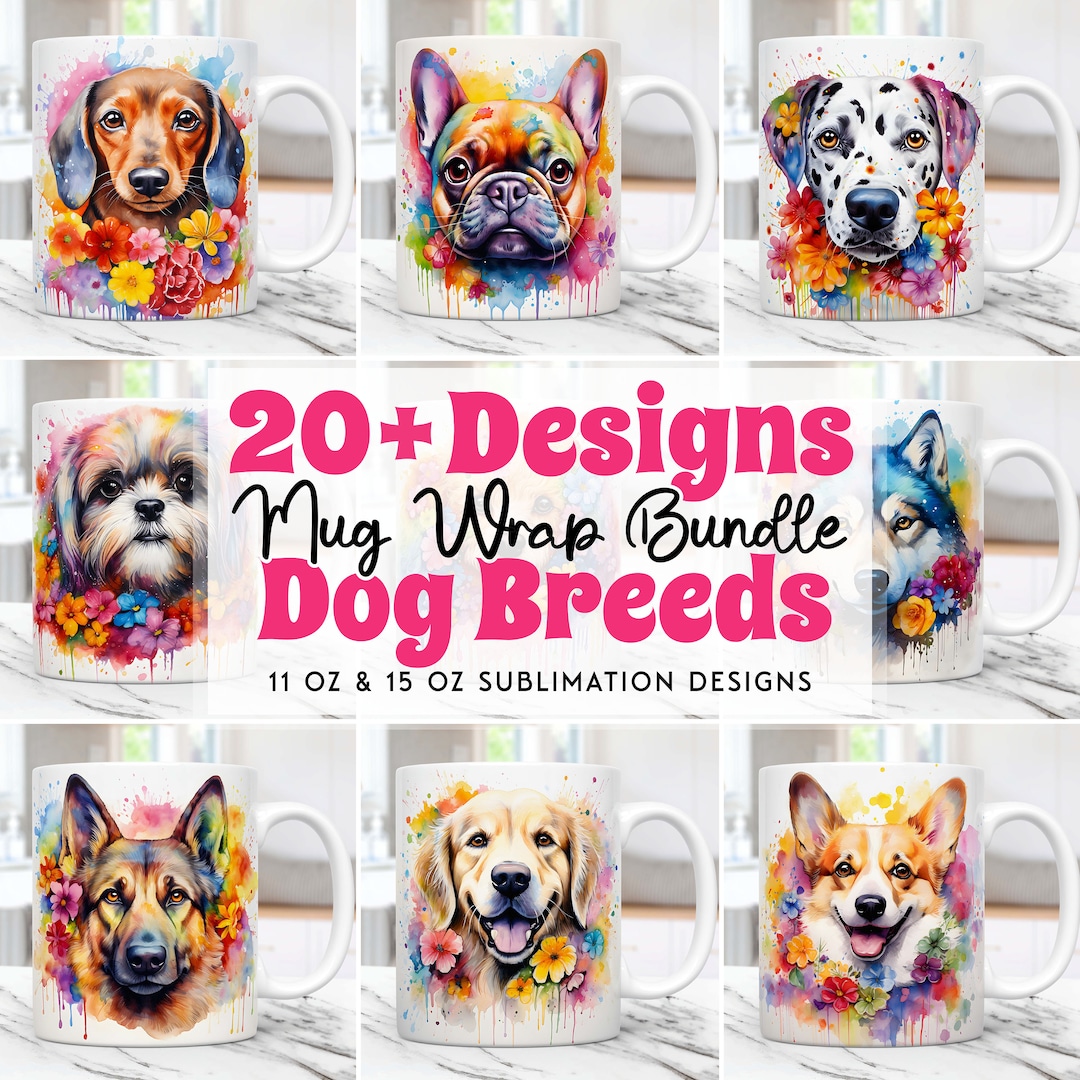 Rainbow Dog Mug Wrap Bundle, Floral Mug Wrap Sublimation Designs 11oz ...