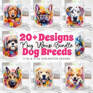 Rainbow Dog Mug Wrap Bundle, Floral Mug Wrap Sublimation Designs 11oz & 15oz Coffee Cup Template, Watercolor Dog Breed Mug Wraps PNG