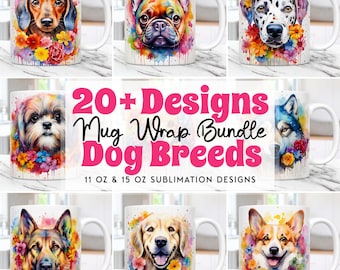 Rainbow Dog Mug Wrap Bundle, Floral Mug Wrap Sublimation Designs 11oz & 15oz Coffee Cup Template, Watercolor Dog Breed Mug Wraps PNG