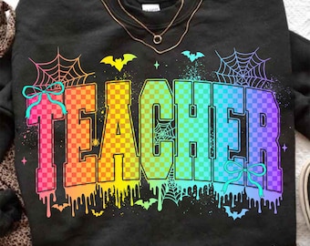 Preppy Neon Teacher Halloween Png, Teacher Shirt png, Halloween teacher png design, Spooky Teacher png, Boo Teacher png, Ghost Teacher Png