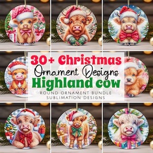 Baby Highland Cow Christmas Ornament Bundle PNG Sublimation Designs, Highland Cow Round Ornament PNG Template, Instant Digital Download