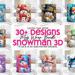 K&ouml;nnte beinhalten: Eine Sammlung wei&szlig;er Keramikbecher mit 3D-Schneemann-Designs. Jeder Becher zeigt einen einzigartigen Schneemann mit verschiedenen H&uuml;ten, Schals und floralen Hintergr&uuml;nden. Der Text "30+ Designs Mug Wrap Bundle Snowman 3D" ist zu sehen. Erh&auml;ltlich in 325 ml und 444 ml.