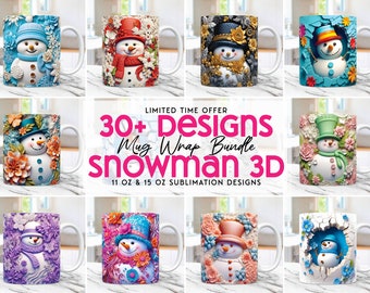 Paquete de envolturas para tazas de Navidad con muñeco de nieve 3D, diseños de envolturas para tazas por sublimación PNG, plantillas para tazas de 11 oz y 15 oz, envolturas para tazas navideñas 3D