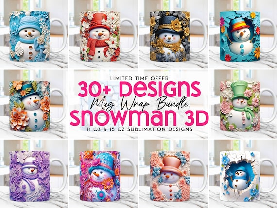 3D Snowman Mug Wrap Christmas Bundle Mug Wrap Sublimation Designs PNG, 11oz and 15oz Mug Template, 3D Christmas Mug Wrap