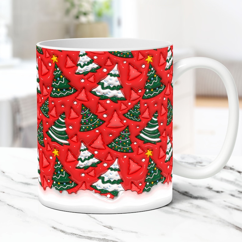 May include: White ceramic mug with a red background and a repeating pattern of green and white Christmas trees. The trees are decorated with green, red, and yellow details.