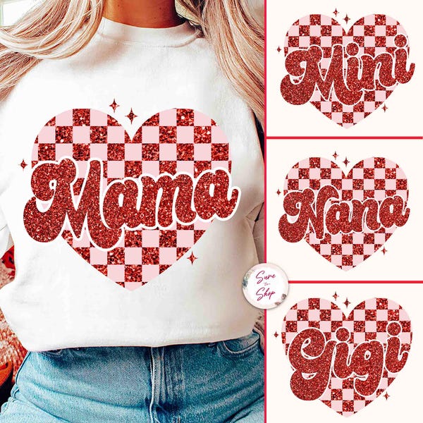Mama geruit hart png-bundel, Mama Valentine png, Glitter Valentine png, Valentine Mama Gigi Nana png, Valentine png, Valentijnsdag png