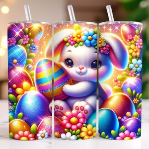 May include: A white bunny with pink ears and a flower crown holds a colorful striped Easter egg. The bunny is surrounded by colorful Easter eggs and flowers on a yellow background.