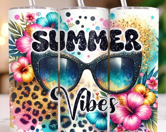 Summer Vibes Tumbler Wrap 20 oz Skinny Tumbler PNG Leopard Sublimation Design Tropical Flowers Seamless Summer Tumbler Wrap Png Download